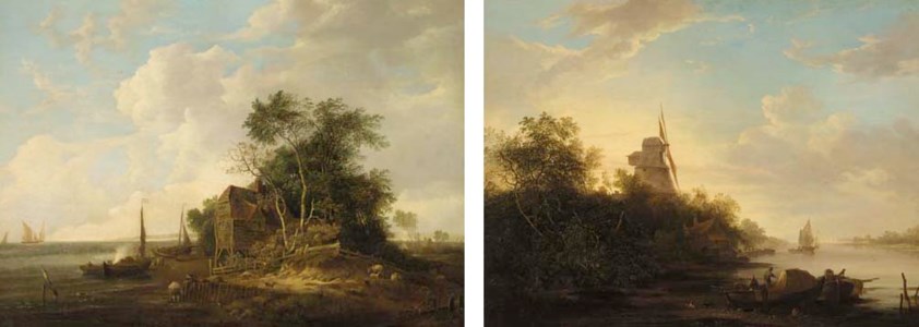 A river landscape with boats moored in the foreground and a windmill beyond; and A coastal scene with a cottage by the shore, fishing boats moored nearby