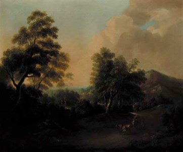 An extensive wooded landscape with drovers and cattle in the foreground