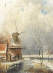 A winter landscape with peasants conversing by a windmill