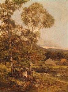 A figure gathering fire-wood by a lake