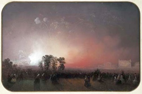 Fireworks over Bridgewater House on the occasion of the Peace Celebrations after the Crimean War, May 1856