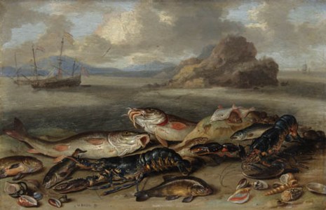 Lobsters, red mullet, halibut, flounder and other fish, with sea shells on a beach, shipping beyond