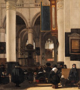The interior of a church with a congregation listening to a sermon