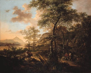An Italianate evening landscape with a muleteer and goatherds on a wooded path, a river and mountains beyond