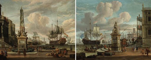 Capricci of Mediterranean ports: the first with the monument of the Four Moors of Leghorn; the second with a monument of Abundance