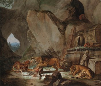 A lion and a tiger fighting over a fallen stag before a classical sarcophagus in a cave, a landscape with a pyramid beyond