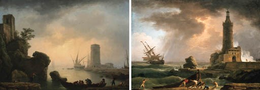 The Calm : a Mediterranean port with fishermen near a natural arch; and The Storm : fishermen pulling ashore a boat near a lighthouse, a French vessel off the coast, lightning striking in the sky