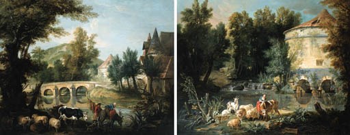Jean-Baptiste Oudry, A river landscape with a peasant girl tending to her herd by a round tower; and A river landscape with a peasant couple with their herd, a bridge and watermill beyond.