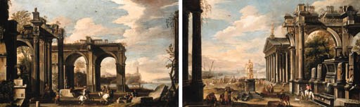 A capriccio of a Mediterranean port with bandits amongst classical ruins; and A capriccio of a Mediterranean port with a ruined temple and a statue of Hercules, with Orientals and other figures, an encampment beyond