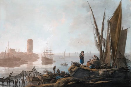 View of the River Tagus with fisherfolk on the shore, numerous vessels and an island with a tower beyond
