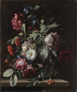 Roses, irises, poppies, a paeony, morning glory, carnations and other flowers in a vase, on a stone table