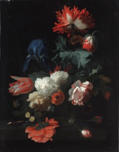 Tulips, poppies, lilac, an iris and other flowers in a vase, with two butterflies, on a stone ledge