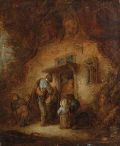 A hurdy-gurdy player with children at a cottage door