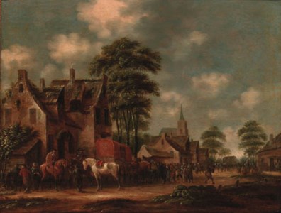 A coaching party halting in a village street