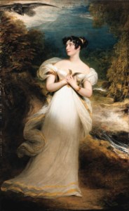 Lillian : Portrait of Miss Mary Payne, later Mrs. Dolphin, full-length, in an ivory gown, holding a thrush in her clasped hands, an eagle swooping towards the thrush, in a wooded landscape