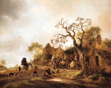 Peasants drinking outside a vine-laden inn, a horseman on a piebald and a boy carrying a brace of partridge approaching on a path