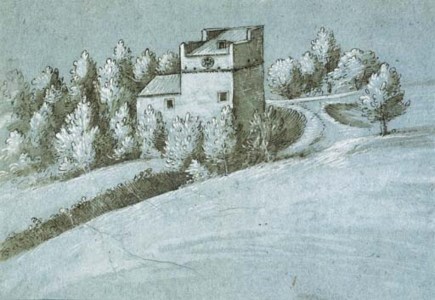 A farmhouse on a wooded hill