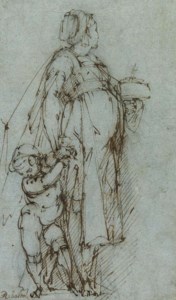 A woman with a putto holding a distaff; ( recto ); The head of an old woman, after the Antique ( verso )