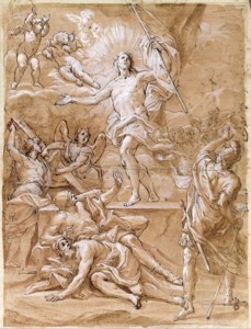 The Resurrection ( recto ); A subsidiary study of the same composition and the apotheosis of a Saint, and other studies ( verso )