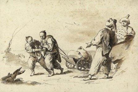 Four orientals, two pulling a cart