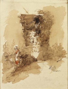 A woman with a cow and a seated man by a capital