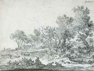 An extensive wooded landscape with a shepherd and his flock