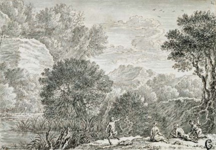 A rocky wooded landscape with satyrs