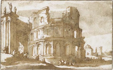 Figures by a ruined Roman building