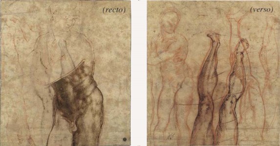 Michelangelo Buonarroti, called Michelangelo (1475-1564), The Risen Christ: a three-quarter length nude , looking down to the right, drawn over subsidiary studies of a leg and foot sketched the other way up ( recto ); A study of the same figure and subsidiary studies of his legs ( verso ) seen frontally and in profile to the left sketched the other way up over a red chalk tracing of the figure of Christ on the other side of the sheet ( verso )