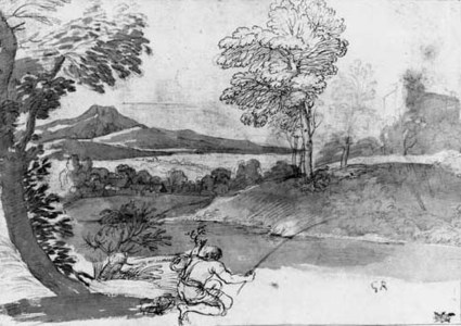 A wooded river landscape with a boy fishing