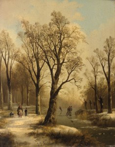 A forest in winter with skaters on a frozen waterway