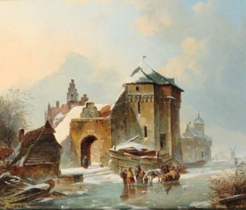 Skaters by a fortified mansion