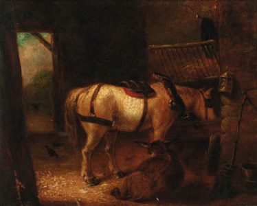 A horse and donkey in a stable