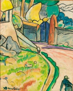 Le sentier au portail bleu aux roches jaunes