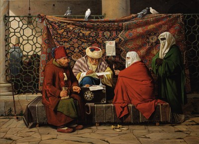 A Turkish notary drawing up a marriage contract in front of the Kiliç Ali Pasha Mosque, Tophane, Constantinople