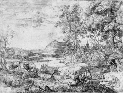 Sheperd and Sheperdess conversing in a Landscape