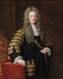 Portrait of William, 1st Earl Cowper (d.1723), three-quarter-length, in Chancellor's robes, his right arm resting on a table on which lies the Purse of the Great Seal