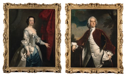 Portrait of Alexander, Earl of Galloway, three-quarter-length, in a brown coat and a grey satin waistcoat, a sword at his side, on a terrace, a landscape beyond; and Portrait of the Countess of Galloway, three-quarter-length, in an oyster and blue satin dress with slashed sleeves and lace collar and cuffs, by a draped curtain