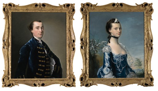 Portrait of Sampson Copestake of Kirk Langley (d.1781), half-length, in a blue velvet uniform; and Portrait of Elizabeth Copestake, half-length, in a blue dress decorated with lace and pearls, in a landscape