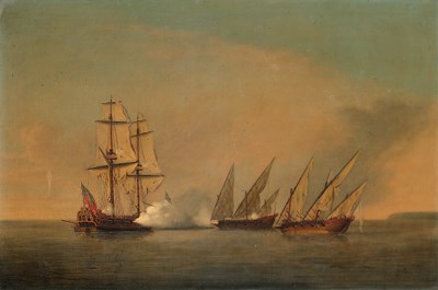 An English privateer in action with two armed French galleys in the Mediterranean
