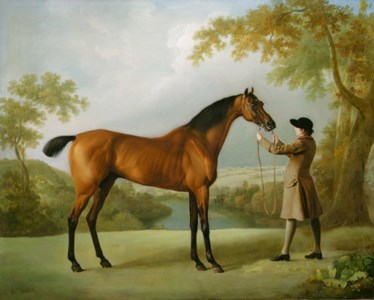 George Stubbs, Tristram Shandy , a bay racehorse held by a groom, in an extensive landscape