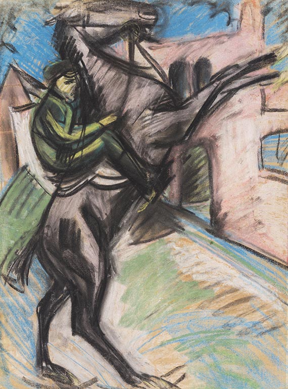 Ernst Ludwig Kirchner, Reiter auf scheuendem Pferd vor roten Häusern