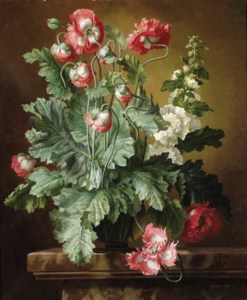 Still life with poppies and hollyhocks