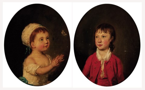 Portrait of a young girl, half-length, in a white dress and bonnet, with a butterfly; and Portrait of a young boy, half-length, in a red coat and waistcoat