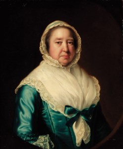 Portrait of Mrs. Fowler, half-length, in a blue dress, with a white shawl and bonnet, feigned oval