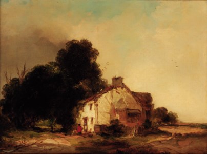 Figures before a cottage in a wooded landscape
