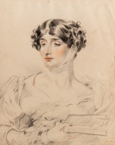 Portrait of Mrs. Sarah Siddons (1755-1831), bust-length, holding a book in her right hand