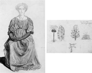 An album of drawings including: Egyptian architectural details, studies of ancient musical instruments, bridles and costumes, flowers, studies of female figures in classical and ancient Egyptian dress, studies from nature including horses, plants, trees and landscapes, and a caricature of Swinburne on the last page of the album
