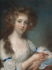 Portrait of a lady, half-length, in a white dress with blue ribbons, holding a brush in her right hand, her left arm resting on a sheet of paper