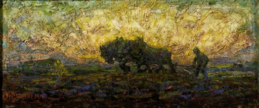 A plough-team at sunset